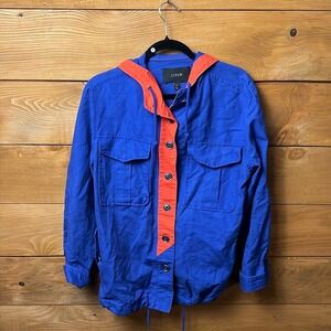 J. Crew Anorak Utility Jacket Blu Orange Hooded Drawstring Cargo Pockets M Sport